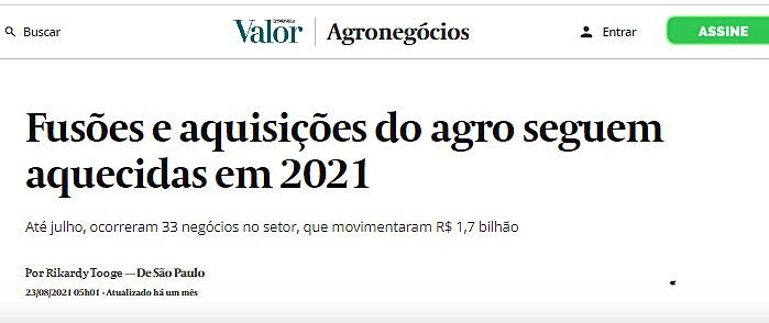 Fuses e aquisies do agro seguem aquecidas em 2021